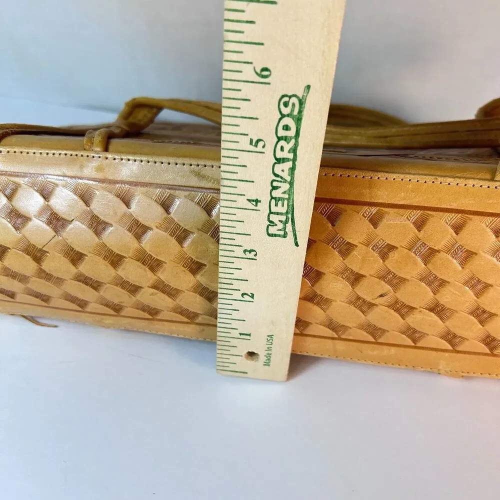 Mexican Tan Leather Rose Detail Tooled Vintage 50-60s Satchel Handbag